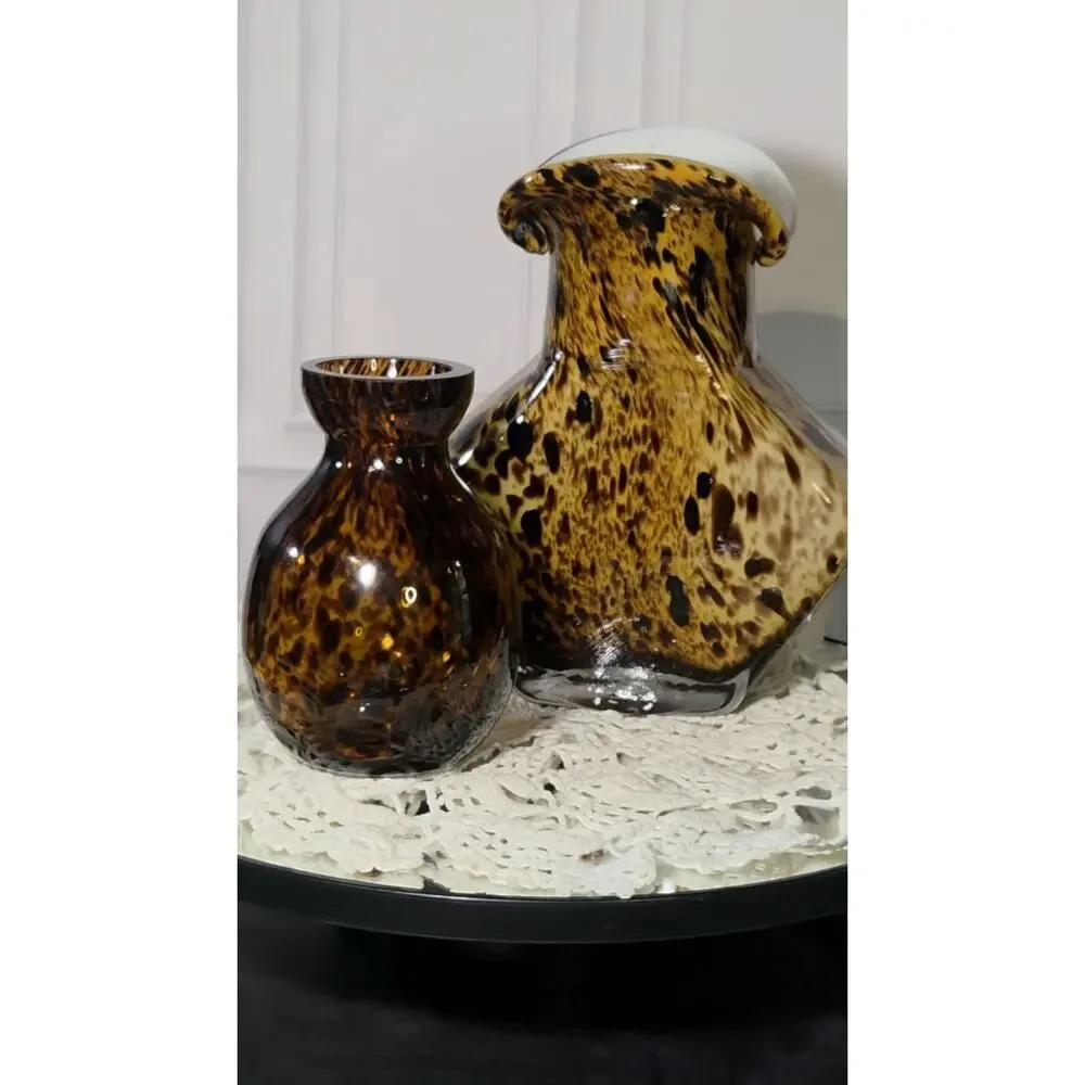 Vintage Estate Murano Style Hand Blown Art Glass Vases Tortoiseshell Patterns